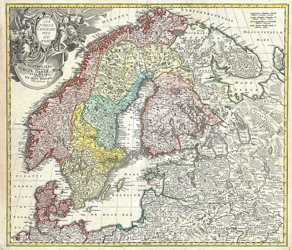 Carte ancienne des pays scandinaves et pays nordiques, vers 1730