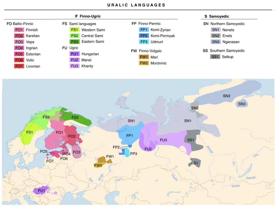 Carte linguistique des pays scandinaves et nordiques distinguant les langues ouraliennes
